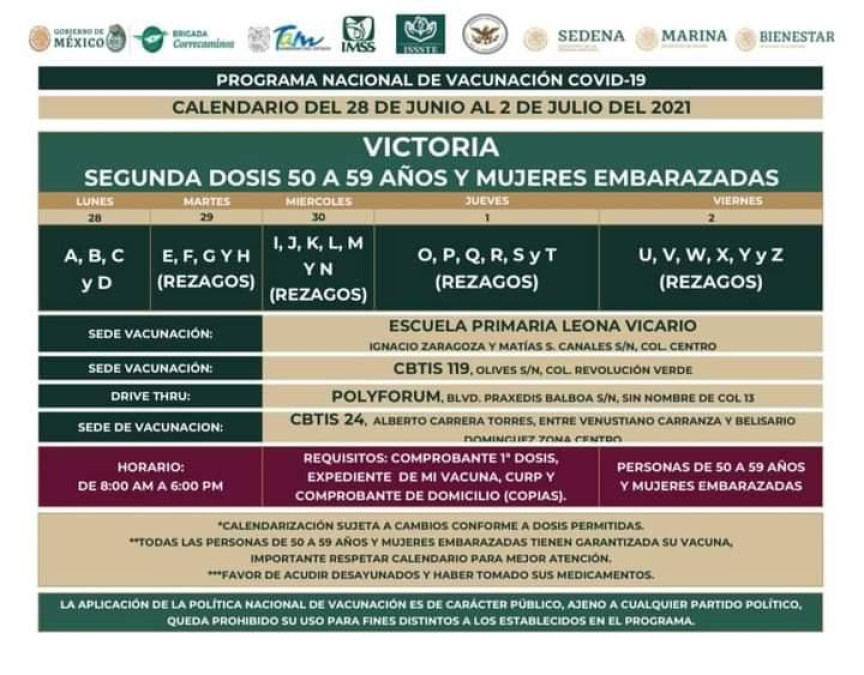 Próximo Lunes inicia aplicación de segunda dosis a personas de 50 a 59 años en Victoria 