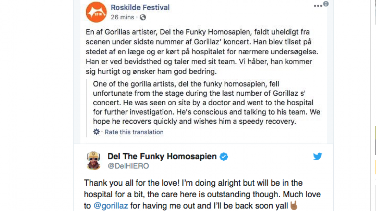 Gorillaz para concierto después de caía de Del the Funky Homosapien