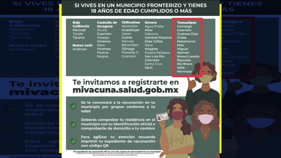 Abren registro de vacunación a mayores de 18 años que viven en ciudades fronterizas 