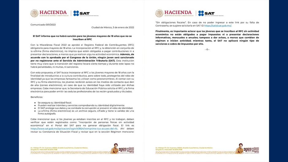 No habrá sanción para mayores de 18 años que no tramiten su RFC: SAT
