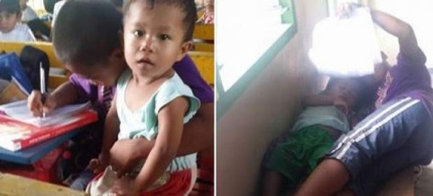 Lleva consigo a clases a su hermanito de 2 años