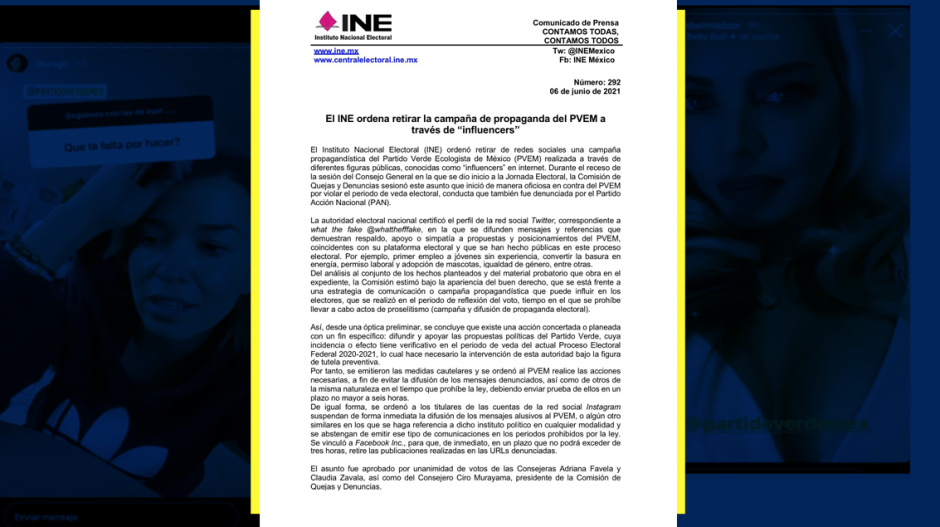 Ordena INE a retirar campaña del PVEM de influencers en redes sociales 