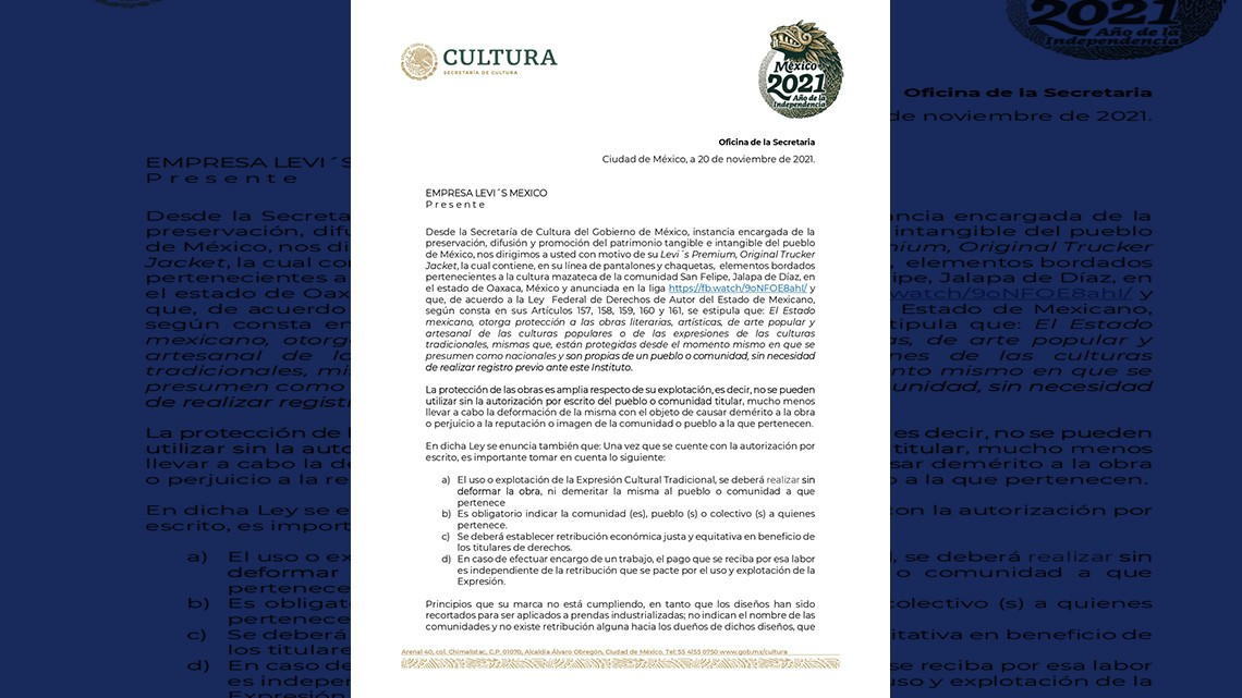 Acusa Gobierno de México a 'Levi's' por uso, sin autorización, de diseños indígenas en su nueva colección 