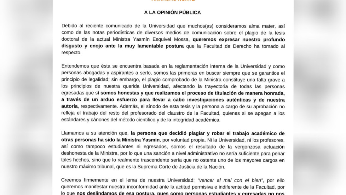 Universidad Anáhuac niega facultad sobre plagio de tesis doctoral de Yasmín Esquivel; comunidad estudiantil inconforme