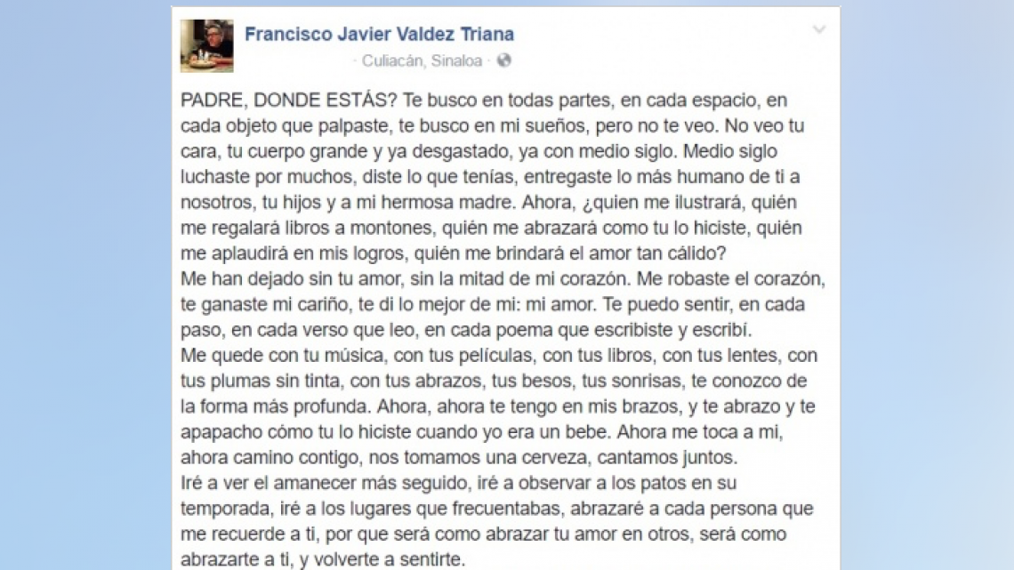 Hijo de Javier Valdez emite mensaje por facebook