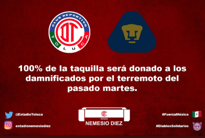 Toluca donará taquilla contra Pumas