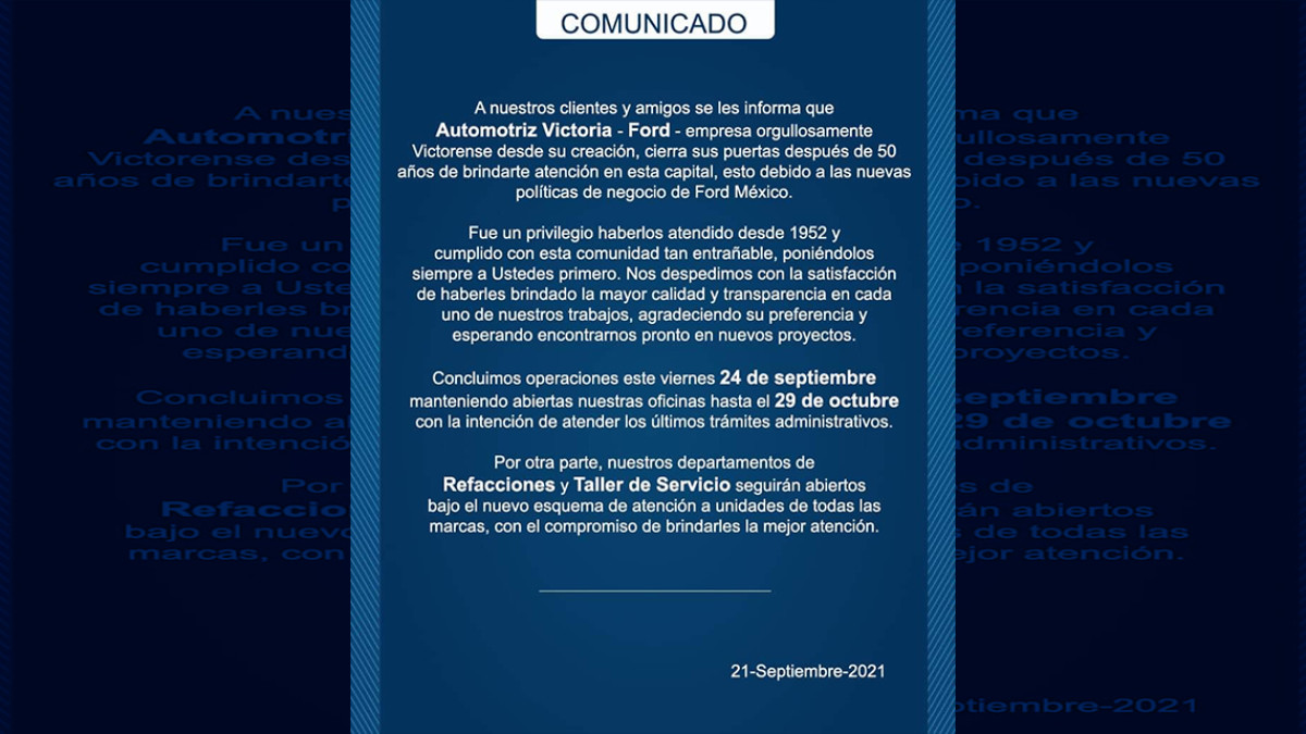 Ford anuncia el cierre de su sucursal en Ciudad Victoria 