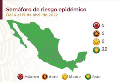 Por segundo periodo consecutivo, 32 entidades en verde del Semáforo de Riesgo Epidémico