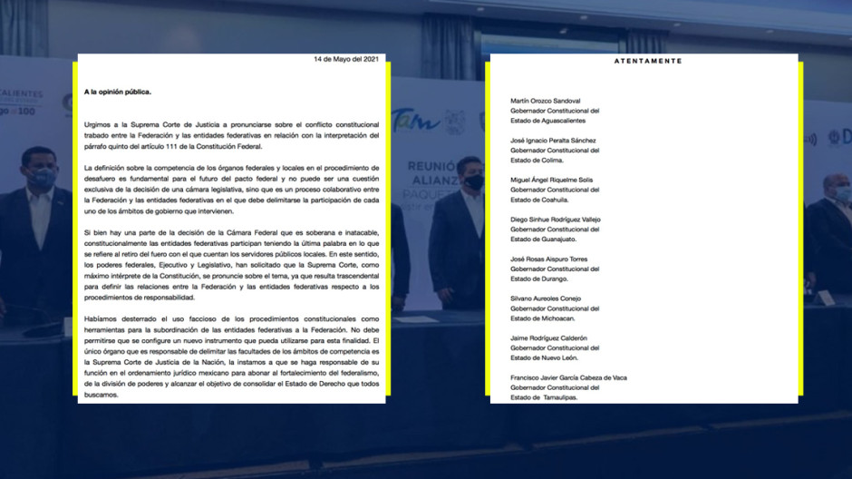 Piden gobernadores a SCJN a dar claridad sobre tema de desafuero 