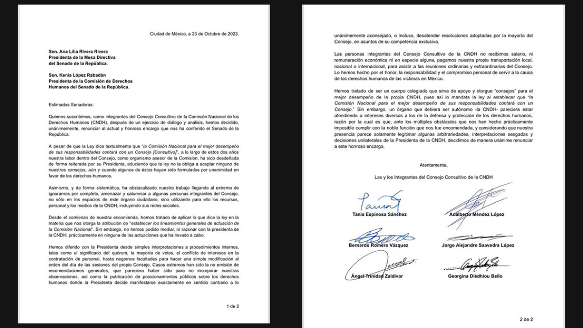 Renuncian intengrantes de Consejo Consultivo de CNDH, denuncian desdén y amenazas de Presidenta