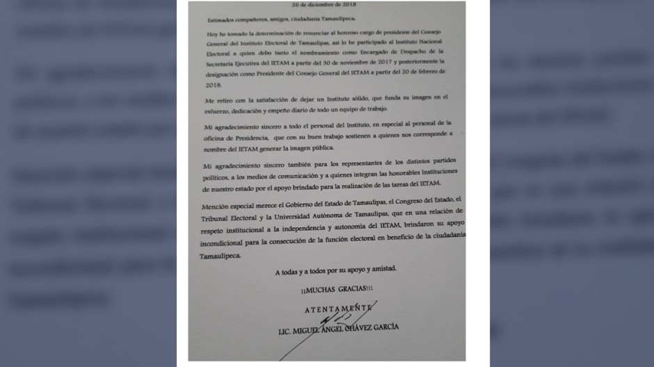 Presidente del IETAM presenta su renuncia