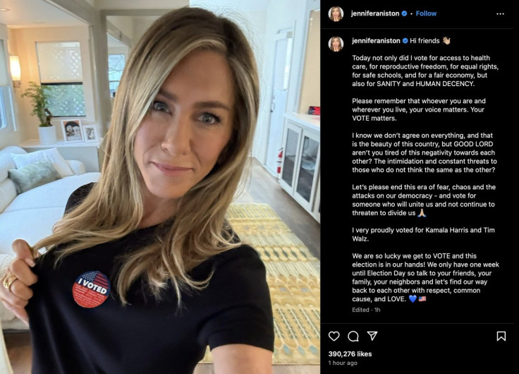 “Por la cordura y la decencia humana”: Jennifer Aniston anuncia su voto a Kamala Harris 