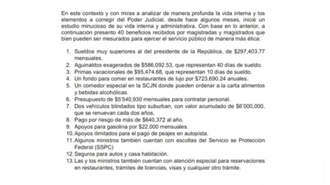 AMLO exhibe lista de privilegios de los ministros en la Suprema Corte