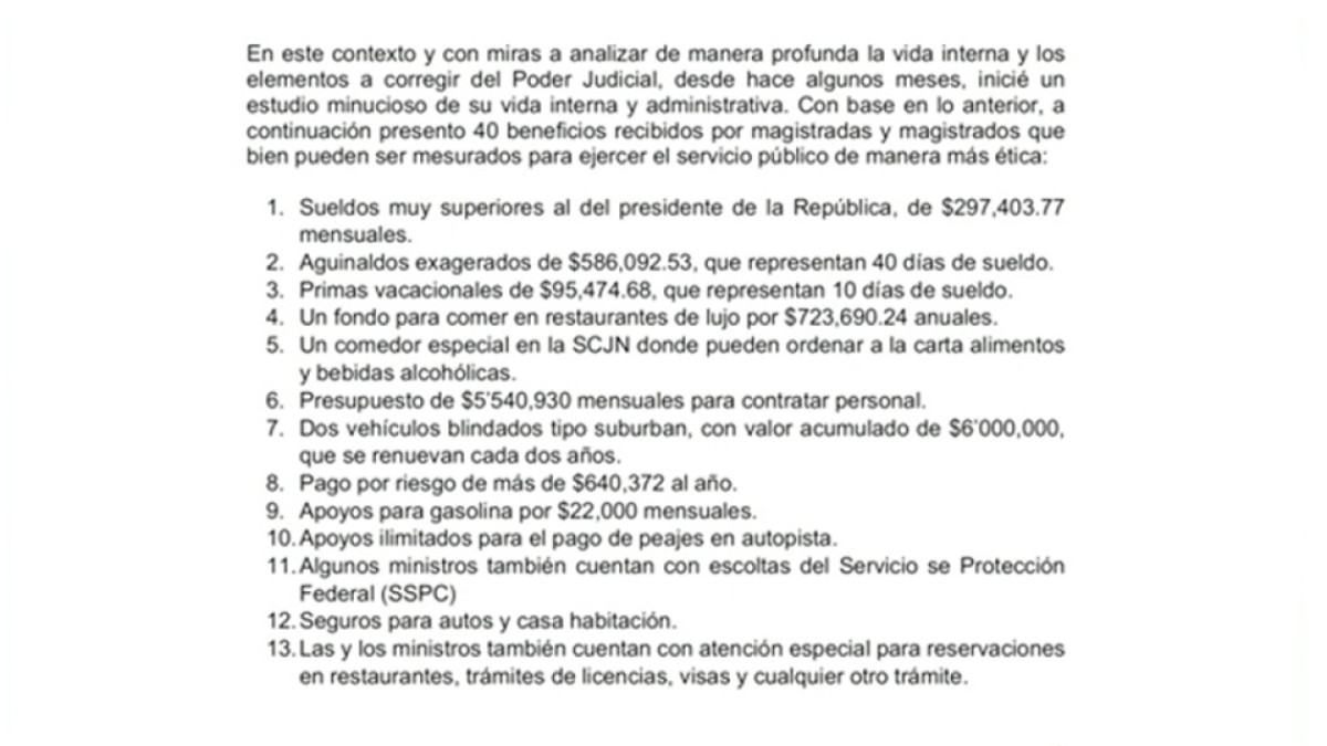 AMLO exhibe lista de privilegios de los ministros en la Suprema Corte