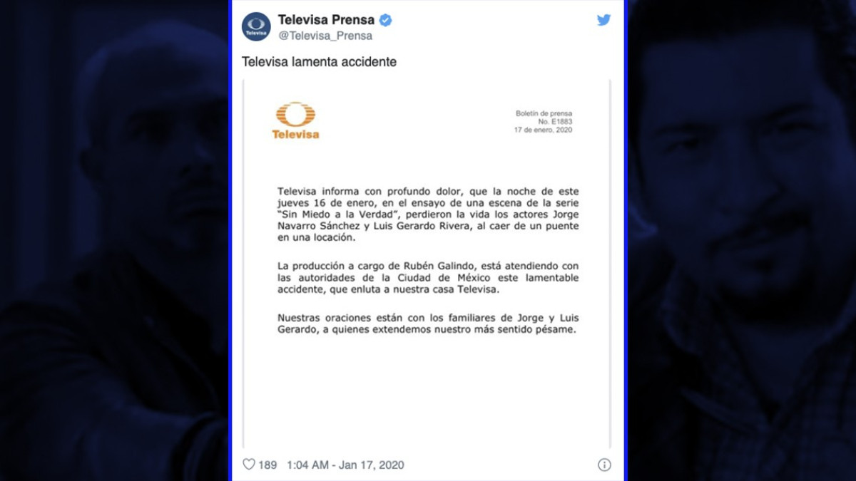 Mueren dos actores de Televisa durante rodaje de 'Sin miedo a la verdad' 