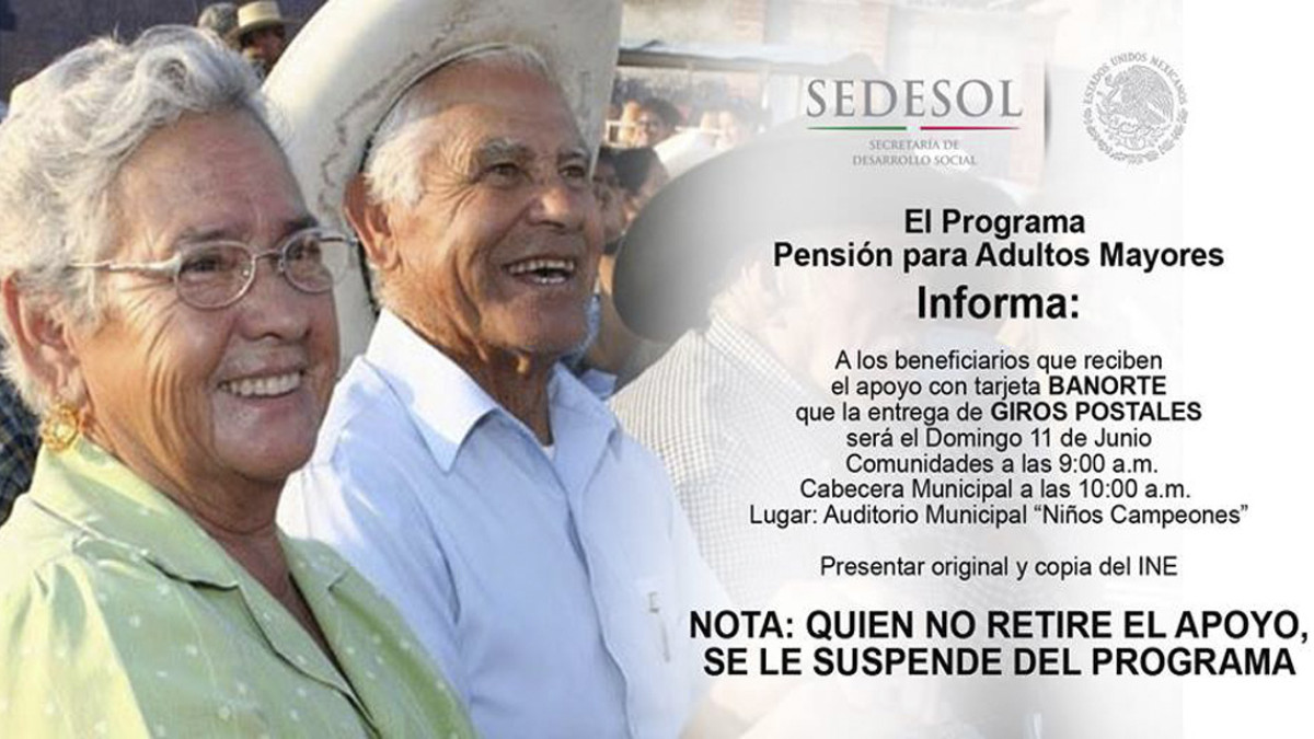 Adultos mayores recibirán sus giros postales