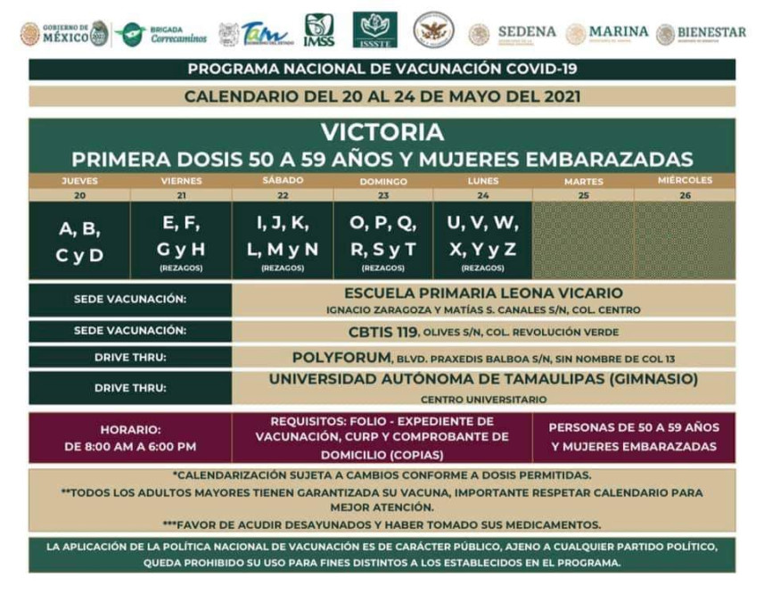 Mañana inicia vacunación de adultos mayores de 50 años y embarazadas 