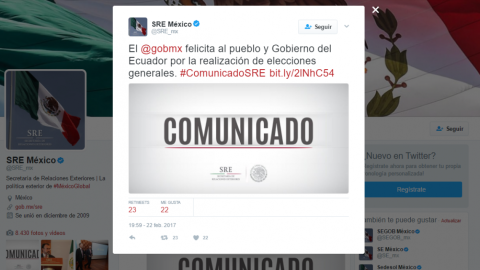  México felicita al pueblo y Gobierno del Ecuador por proceso electoral
