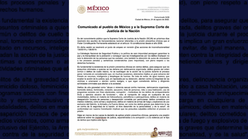 Pide Gobierno Federal a SCJN que se mantenga la prisión preventiva oficiosa