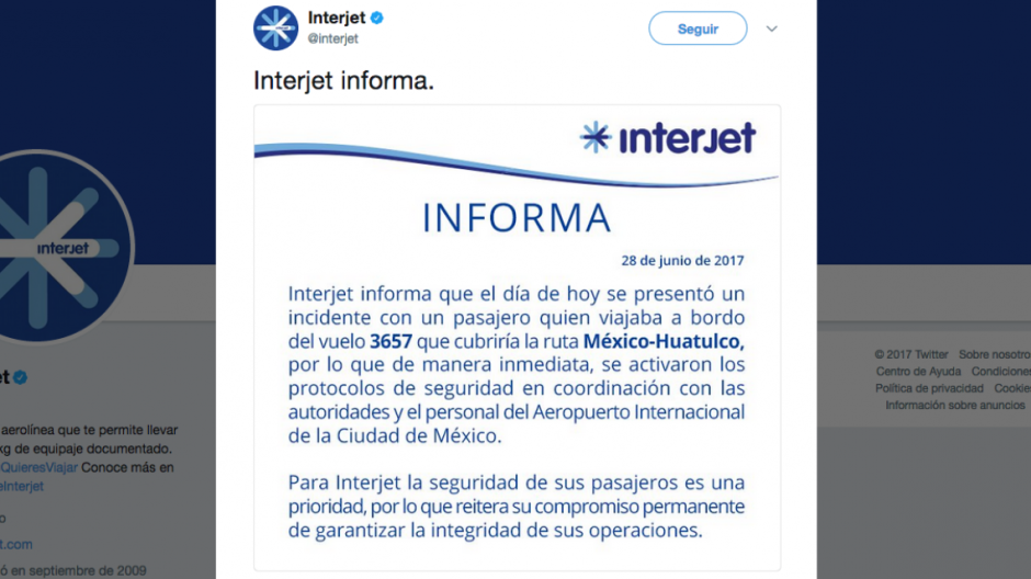 Activa AICM protocolo de seguridad por incidente en vuelo de Interjet