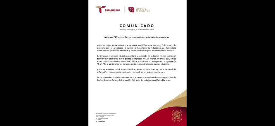Frío extremo podría suspender clases en Tamaulipas: SET