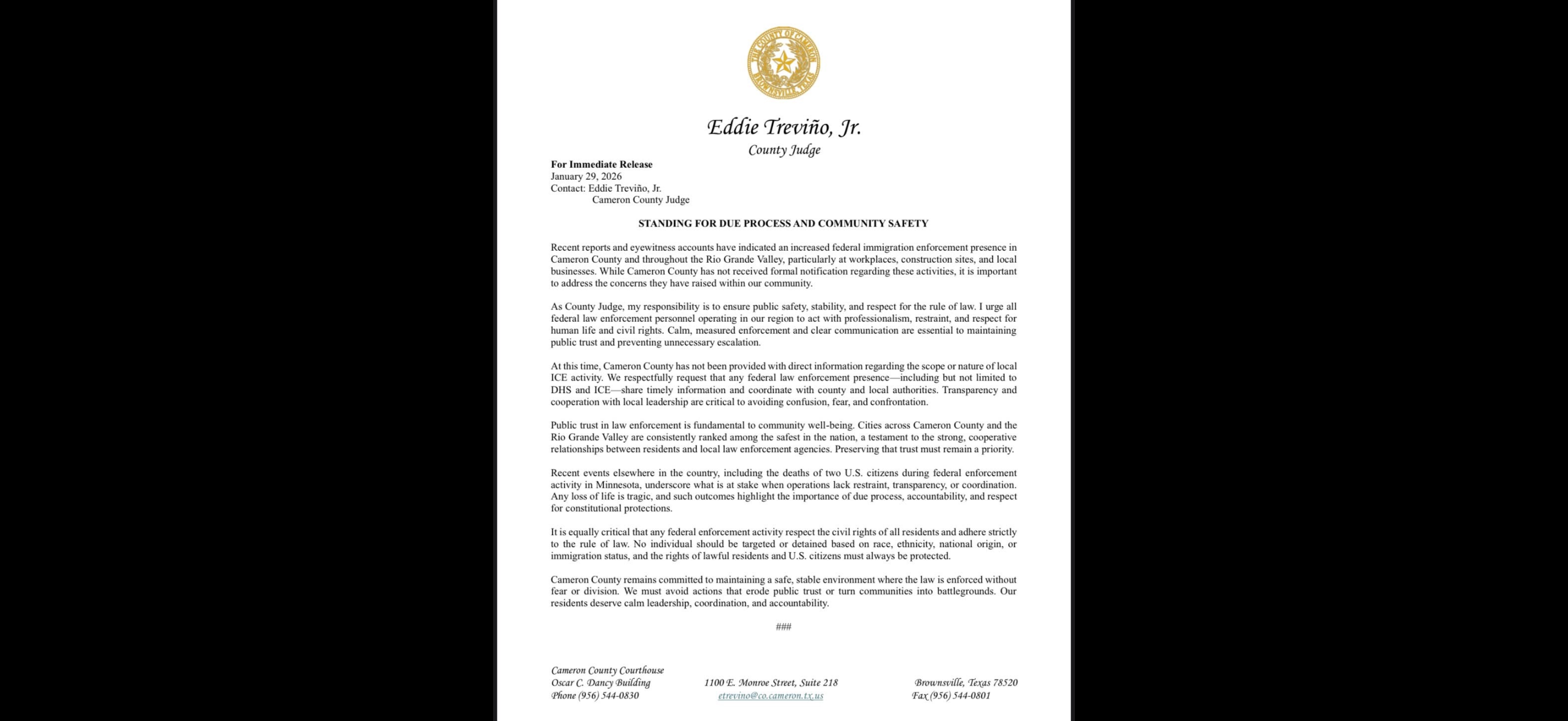 Juez de Cameron County pide coordinación y respeto a derechos civiles ante operativos de ICE