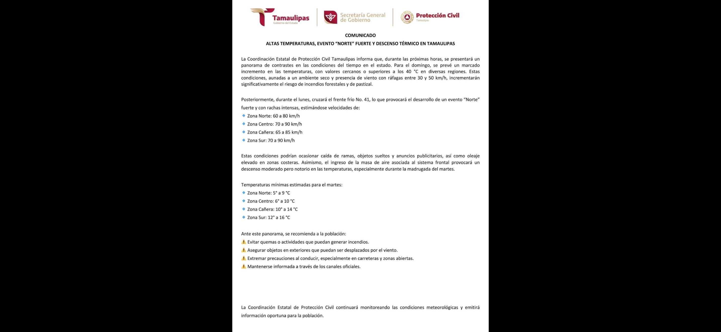 Prevén calor extremo, “Norte” fuerte y descenso de temperatura en Tamaulipas