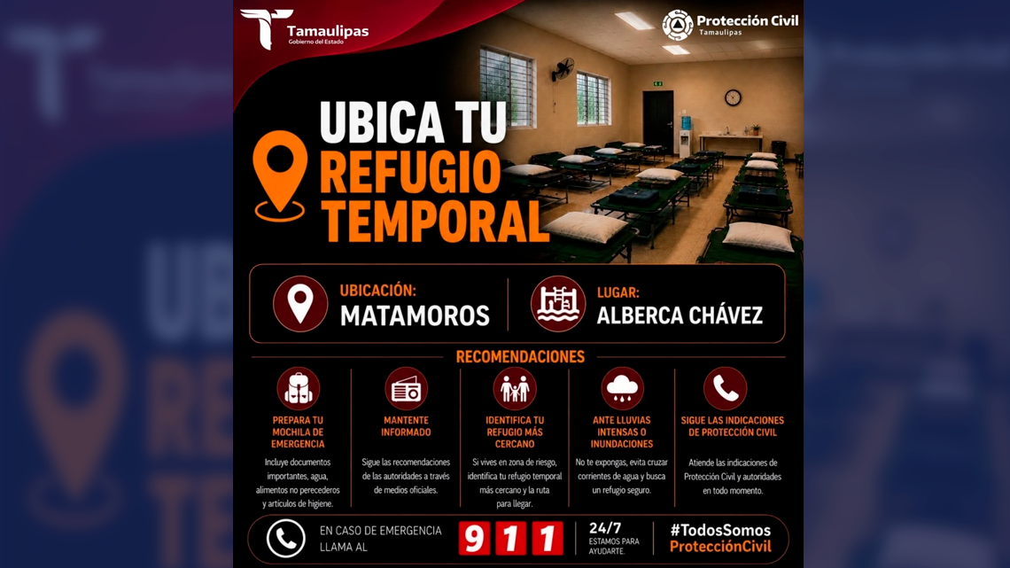 Habilita PC refugios temporales en Reynosa, Matamoros y Río Bravo ante condiciones meteorológicas