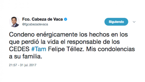 Condena Cabeza de Vaca asesinato de Comandante Téllez