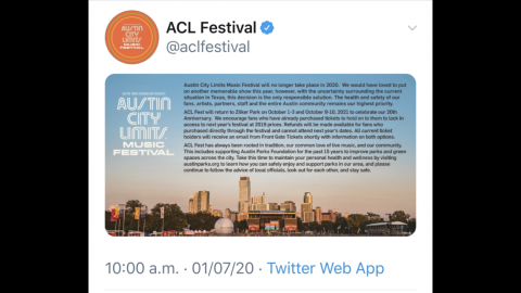 Cancelan Festival ACL 2020