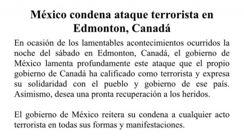 México condena atentado terrorista en Canadá