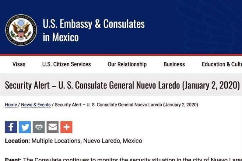 Emite EU alerta a connacionales en Nuevo Laredo