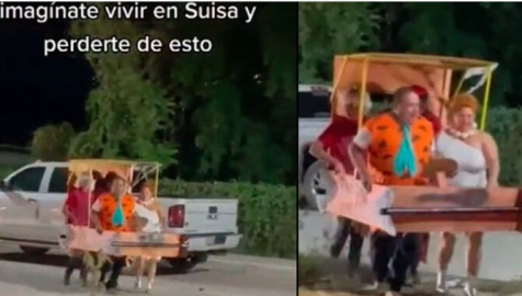 Con todo y troncomóvil, familia se disfraza de "Los Picapiedra"