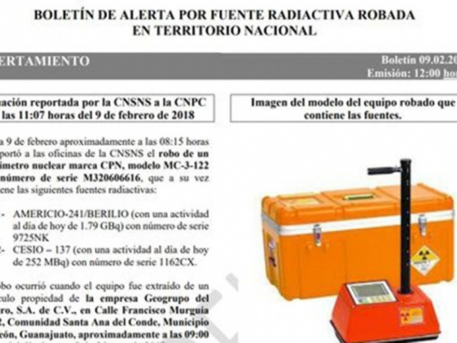 Segob emite alerta por fuente radioactiva