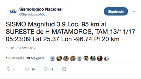 Reportan sismo de 3.9 grados en Matamoros   