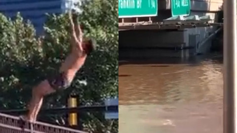 Hombre se lanza desde un puente a una carretera inundada de Filadelfia