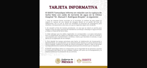 ISSSTE emite comunicado tras colapsar techo por lluvias.
