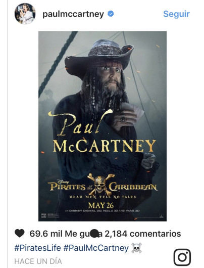 Paul Mcartney revela foto de su personaje en "Piratas del Caribe"