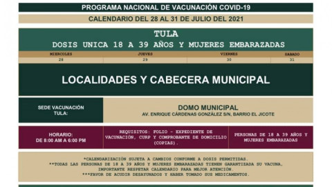 Conoce primeras fechas y sedes de vacunación contra Covid19 para 18 a 39 años en Tamaulipas