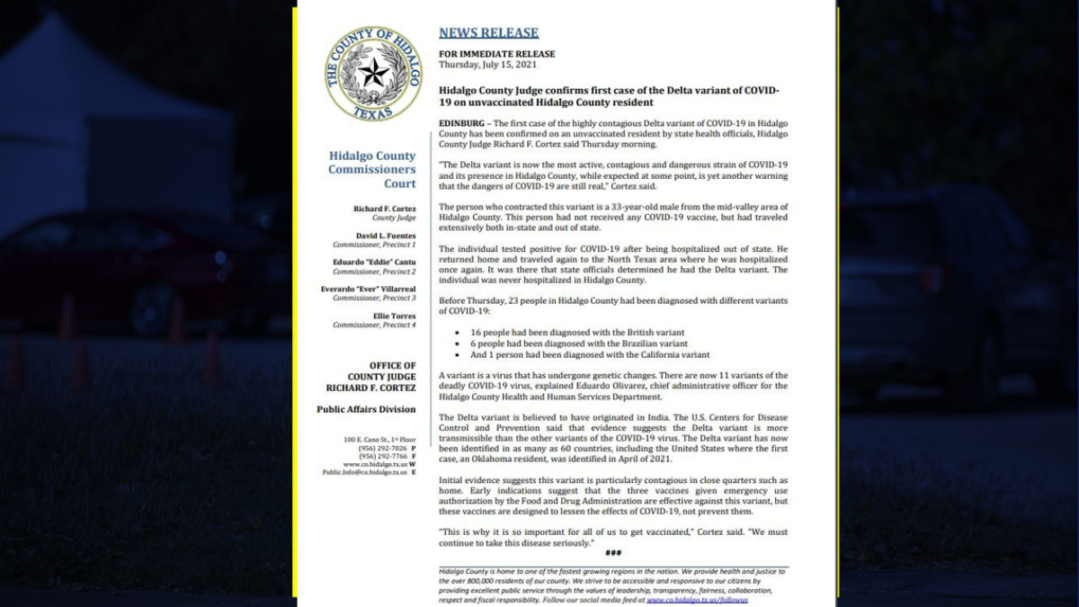 Confirma Condado de Hidalgo primer caso de la variante Delta