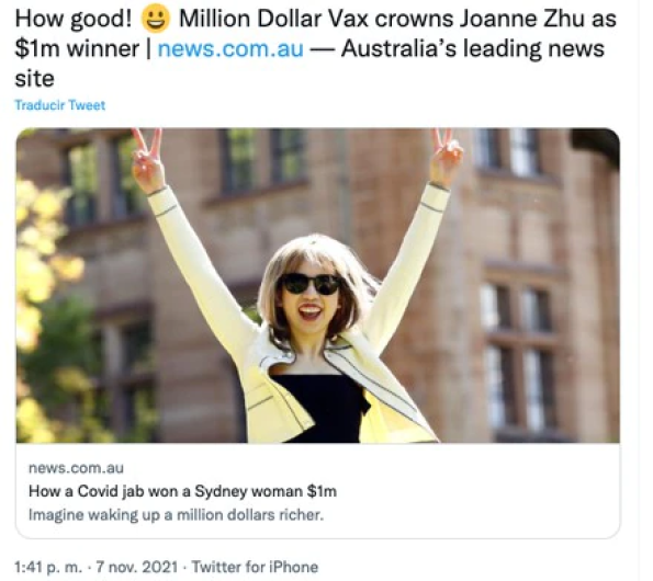 Mujer gana 735 mil dólares por vacunarse contra el COVID 