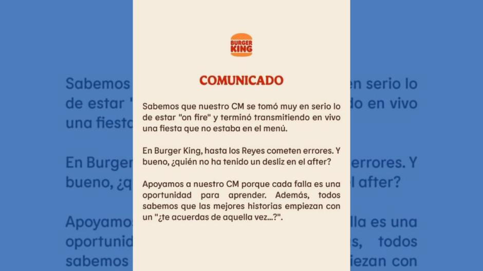 CM de Burger King transmitió por error una fiesta: Así reaccionó la empresa