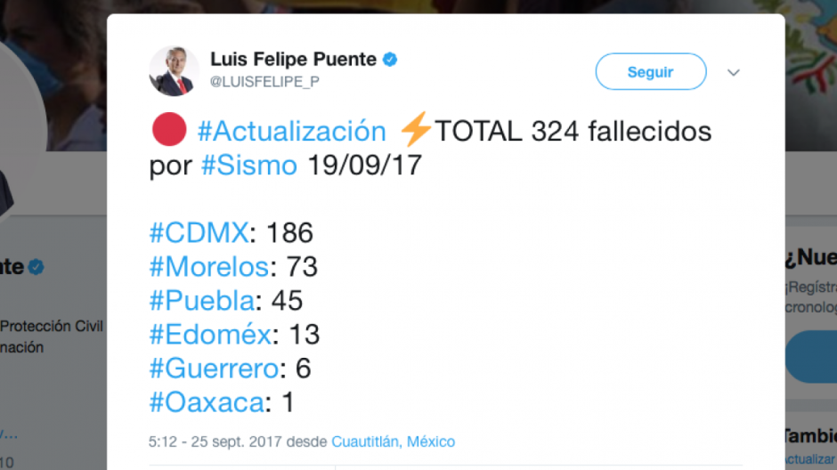 Sube a 324 la cifra de fallecidos por sismo en México