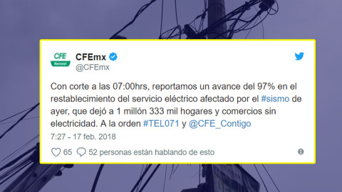 Restabecen 97% del servicio eléctrico tras sismo en Oaxaca