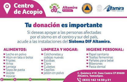 DIF Altamira invita a apoyar a damnificados del centro y sur del país
