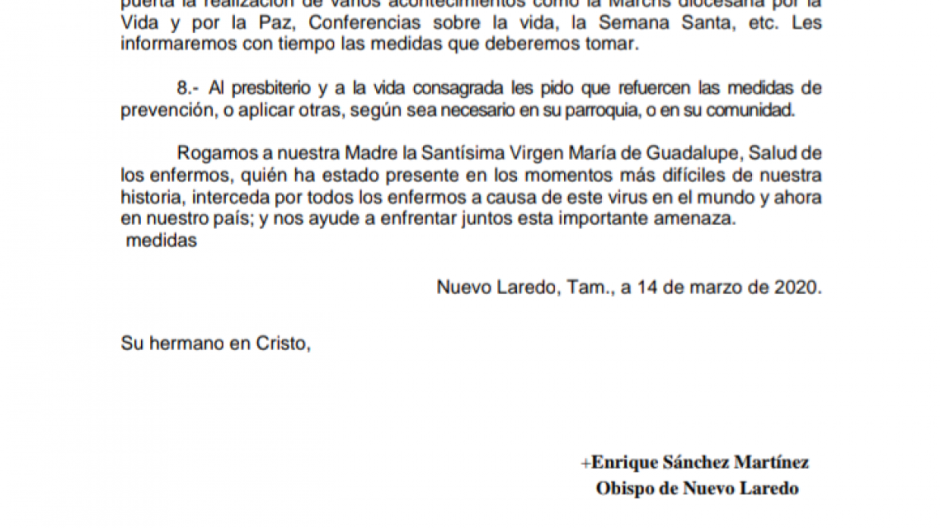 A toda la Diócesis de Nuevo Laredo: