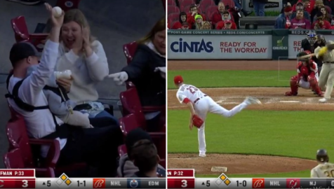 ¡Increible! Papá ataja pelota en las gradas mientras alimentaba a su bebé