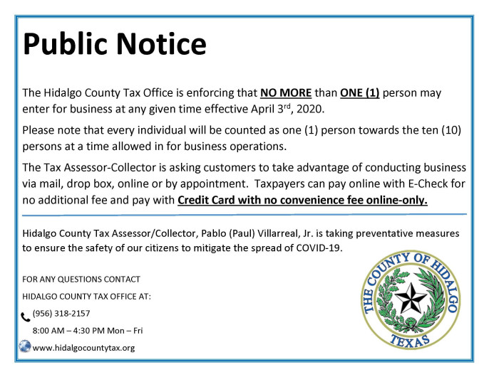 Oficina de Impuestos del Condado Hidalgo permitirá la entrada a una persona a la vez