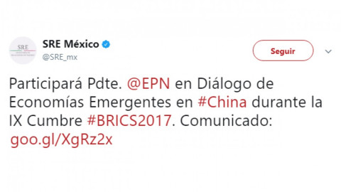 Participará México en foro de la IX Cumbre BRICS en China