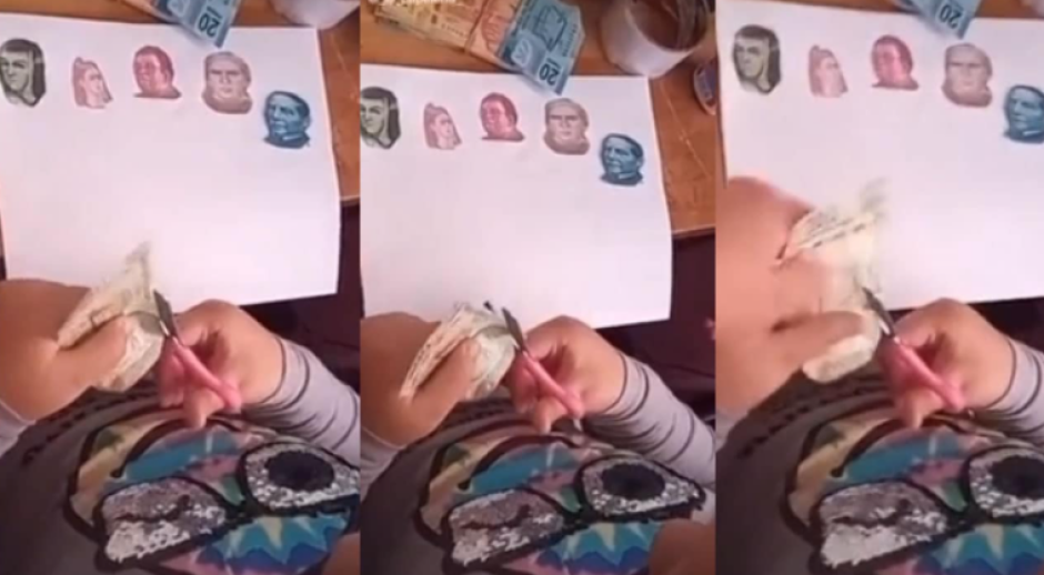 Niña recorta billetes para ilustrar su tarea y se viraliza